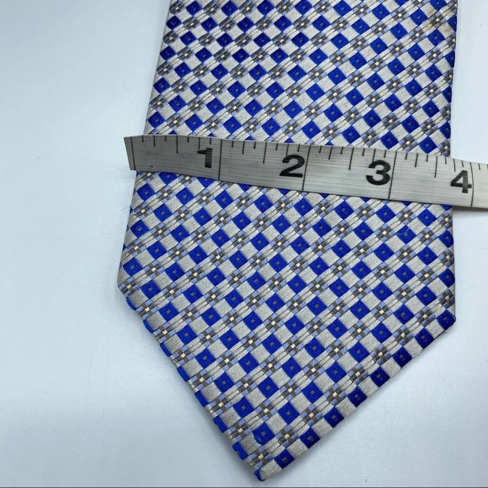 Ike Behar White Blue Gold‎ Square Design Silk Tie